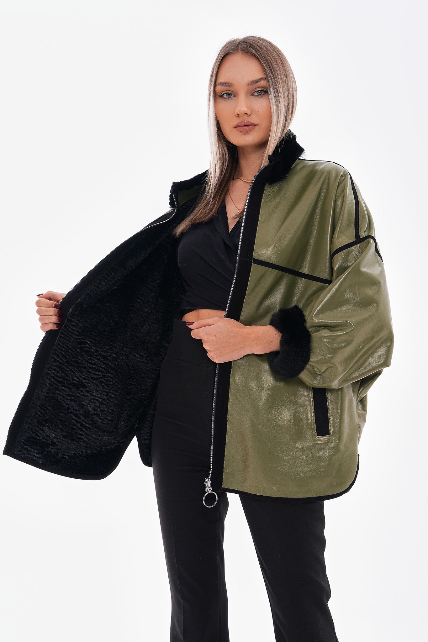The Rebel Reversible Shearling Olive Green Leather Women Jacket