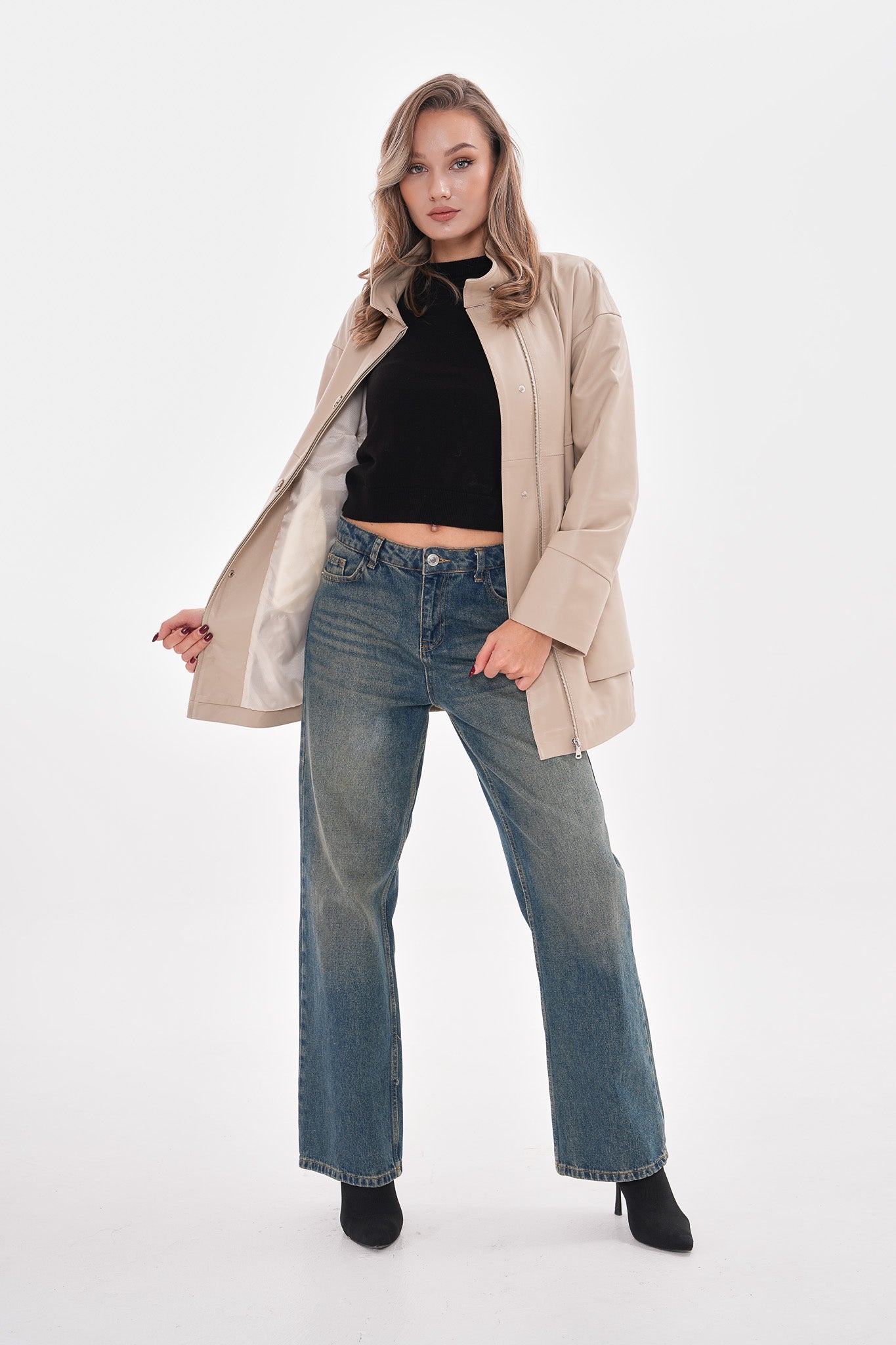 The Lioara Cream Leather Women Jacket