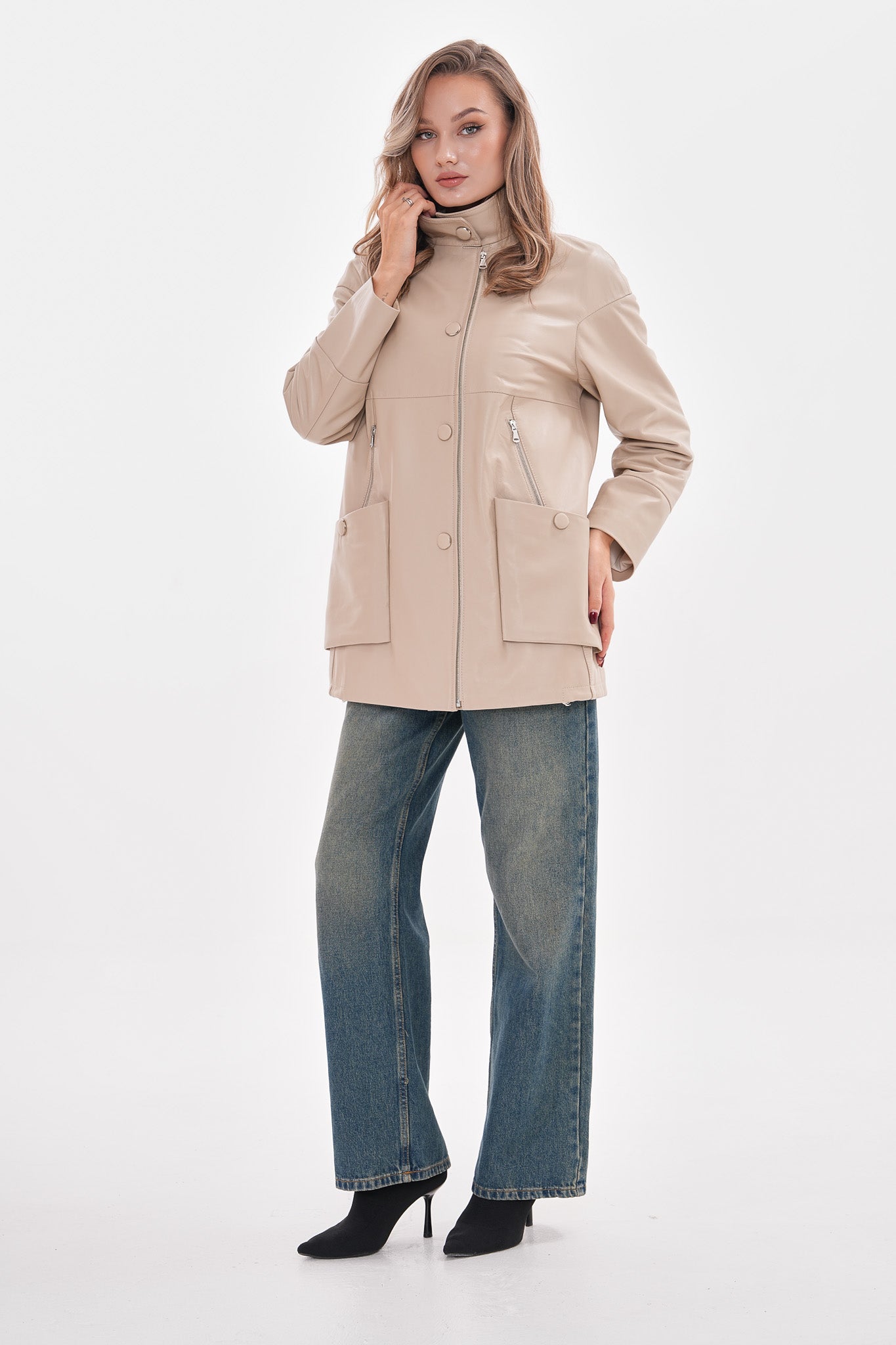 The Lioara Cream Leather Women Jacket