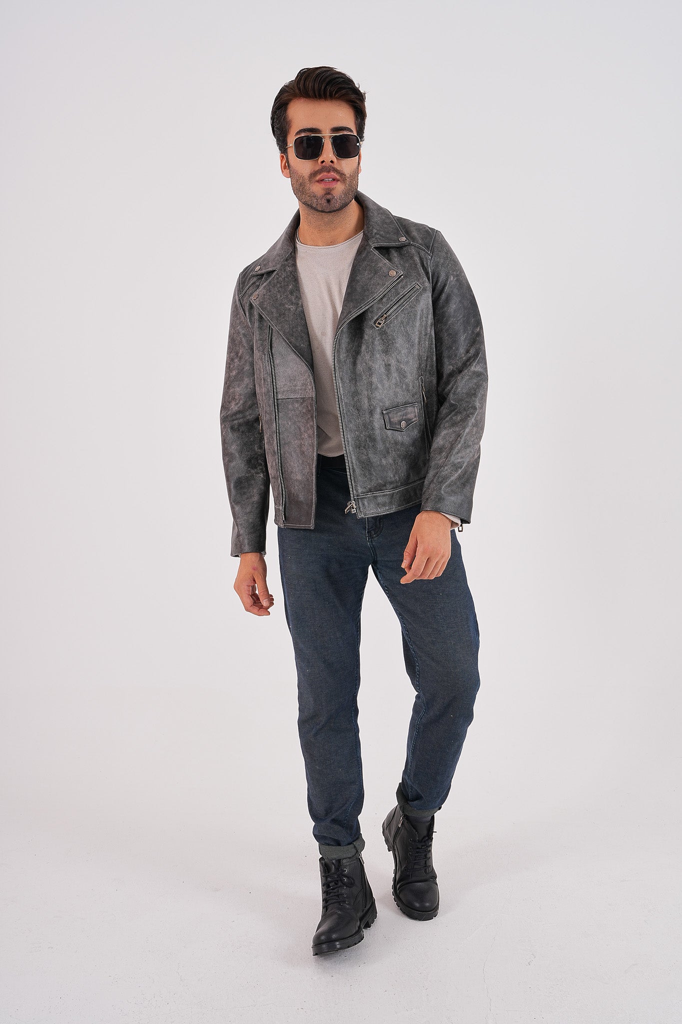 The Volt Textured Distressed Grey Leather Men Jacket
