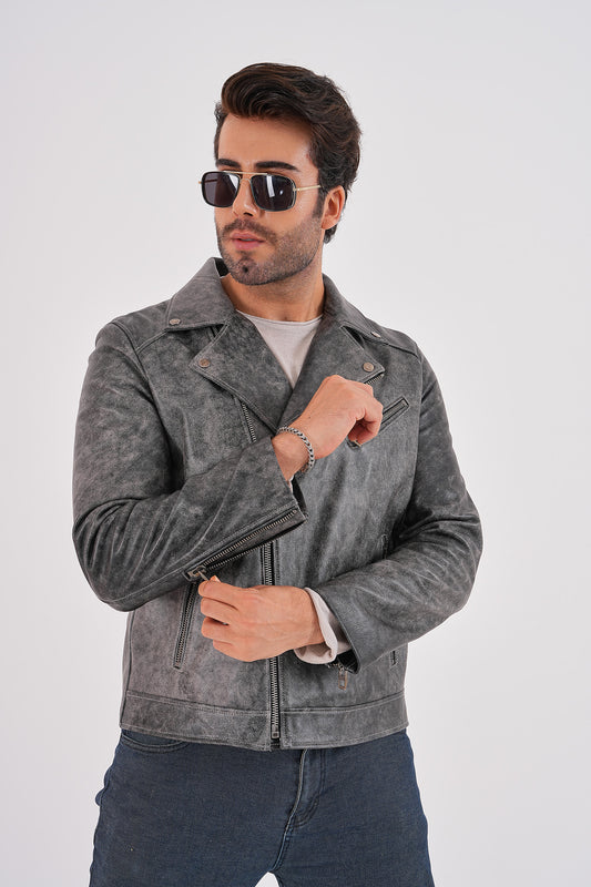 The Volt Textured Distressed Grey Leather Men Jacket