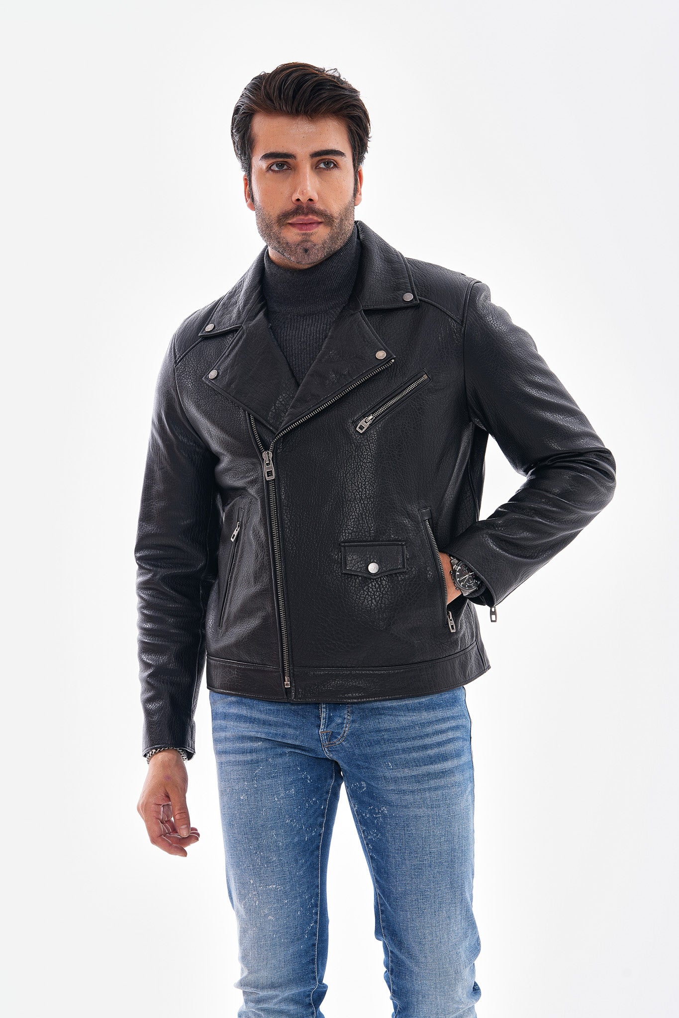 The Volt Textured Black Leather Men Jacket