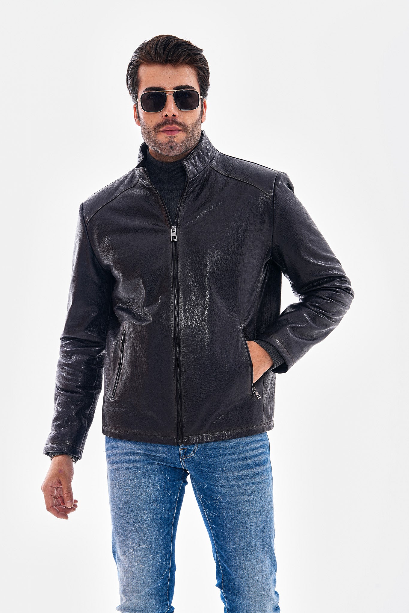 The Varden Navy Blue Leather Men Jacket