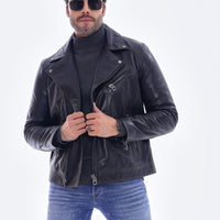 The Volt Textured Navy Blue Leather Men Jacket