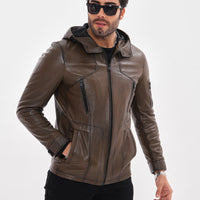 The Veneto Khaki Leather Hooded Men Jacket