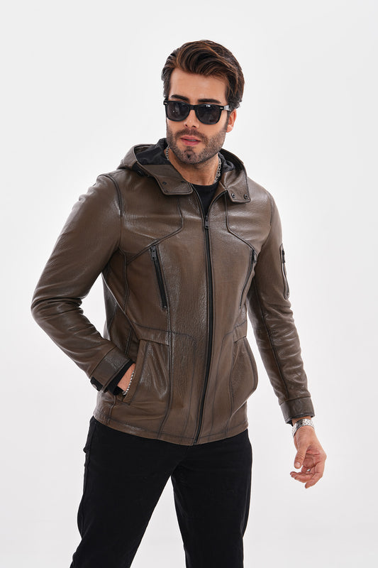 The Veneto Khaki Leather Hooded Men Jacket