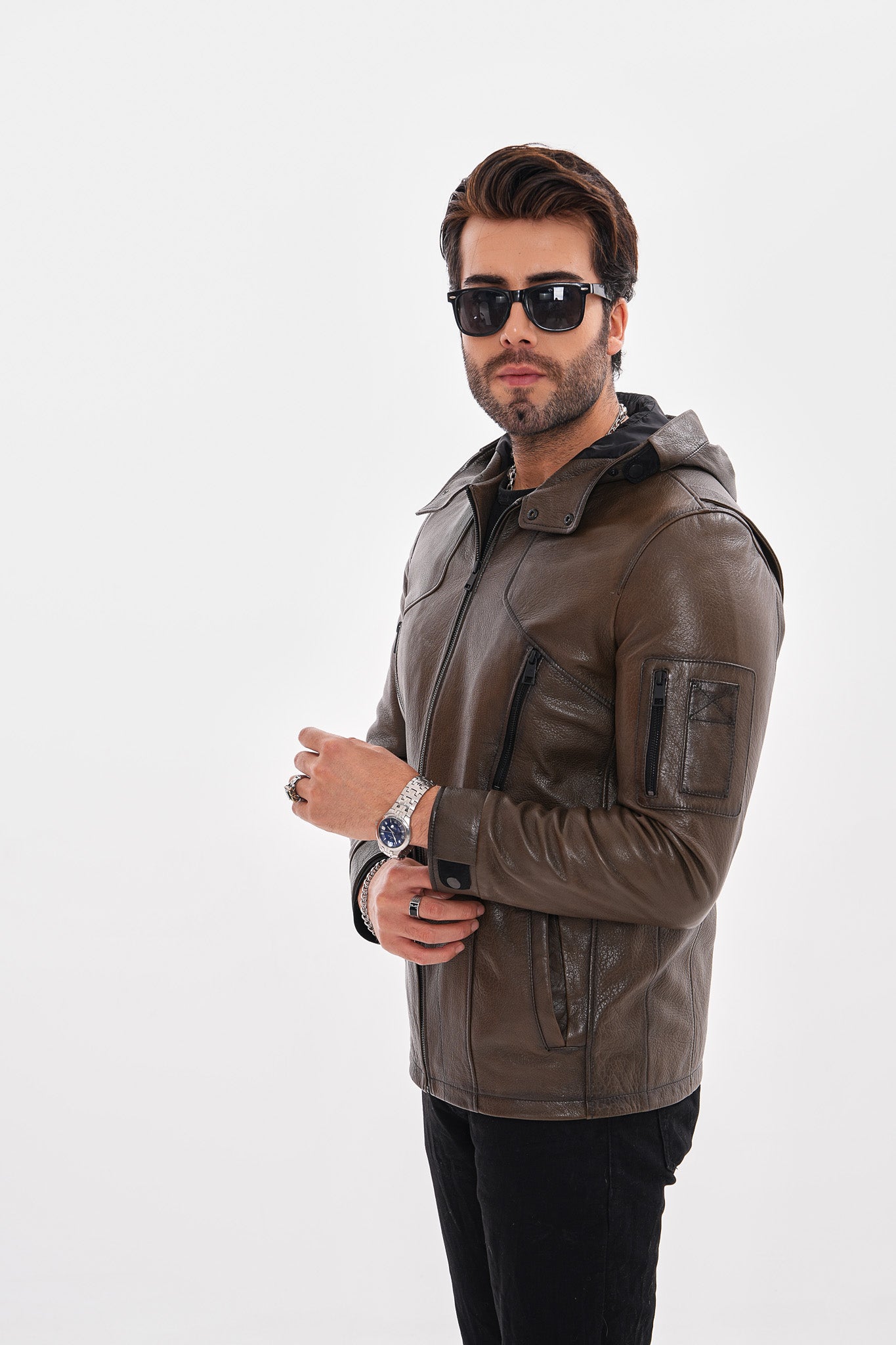 The Veneto Khaki Leather Hooded Men Jacket