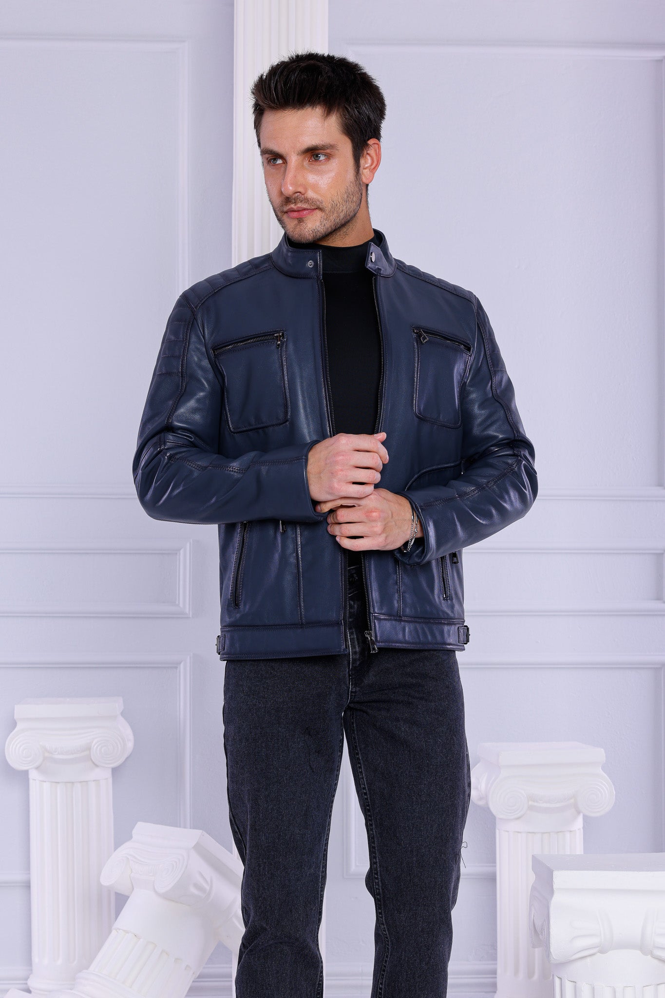 The Argento Navy Blue Leather Jacket