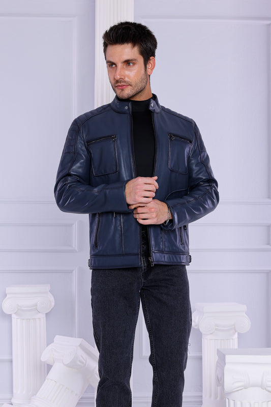 The Argento Navy Blue Leather Jacket