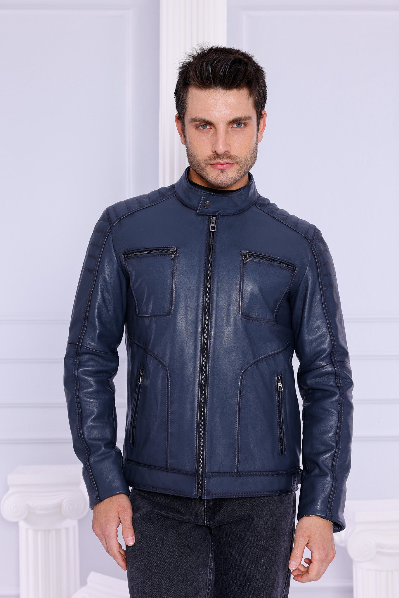 The Argento Navy Blue Leather Jacket