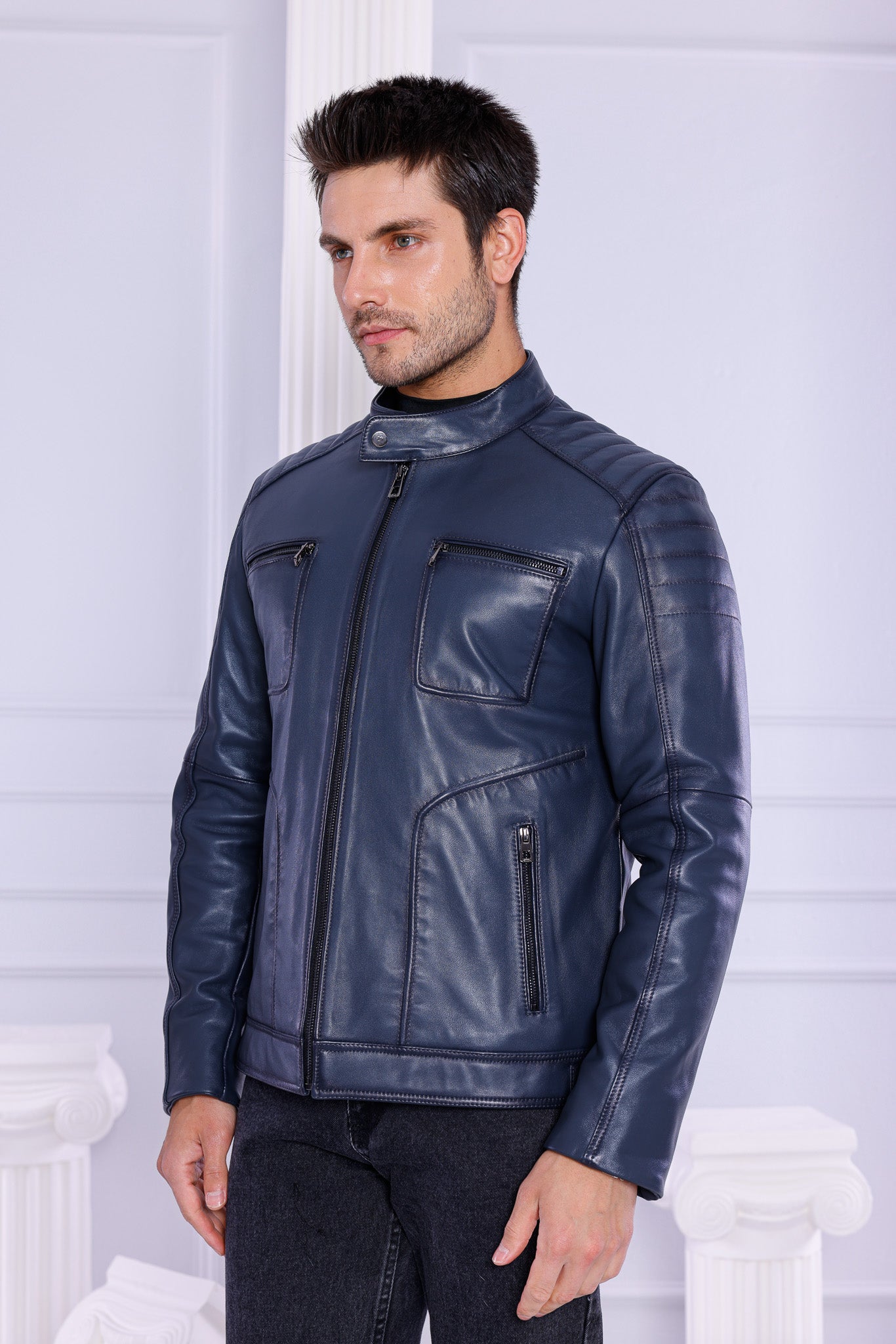 The Argento Navy Blue Leather Jacket