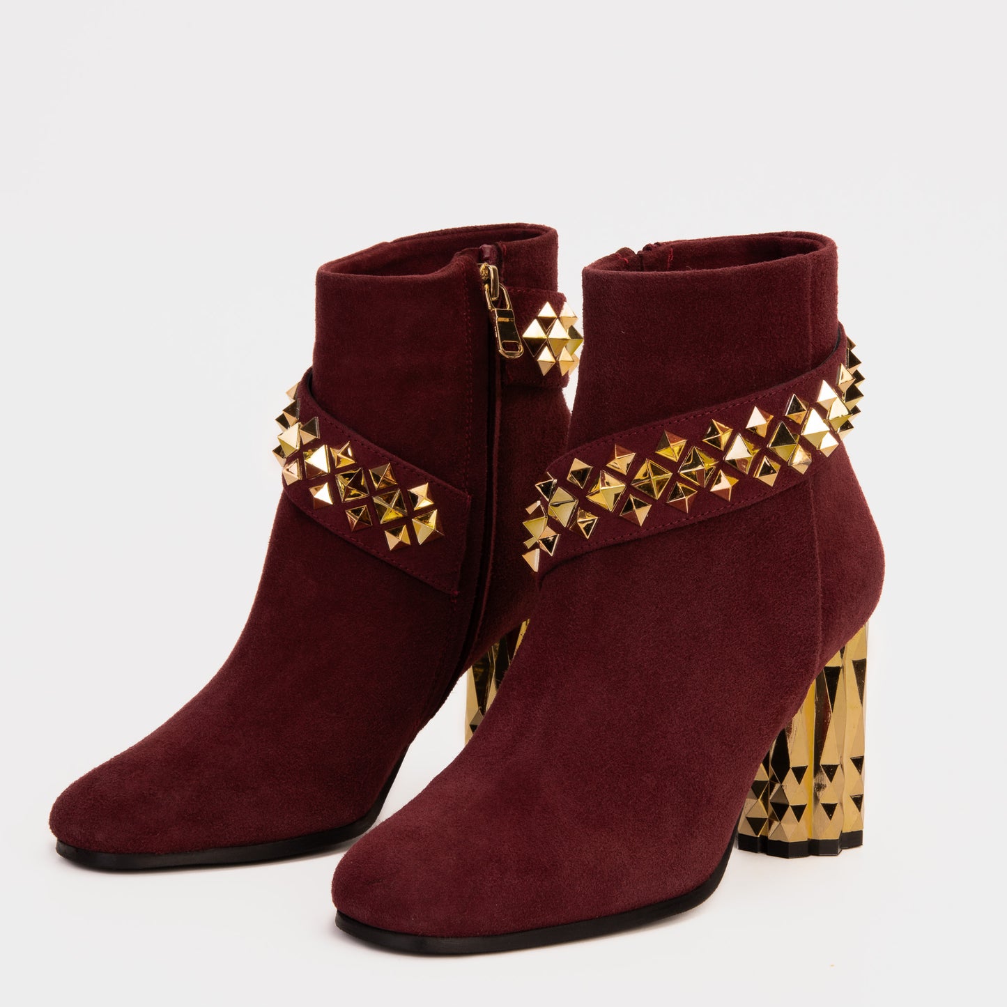 The Metal Burgundy Suede Leather Block Heel Women Boot