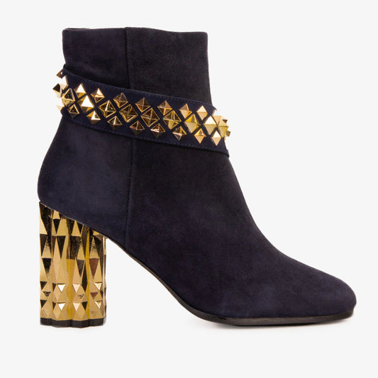 Bota de mujer con tacón de bloque de piel de ante azul marino y metal
