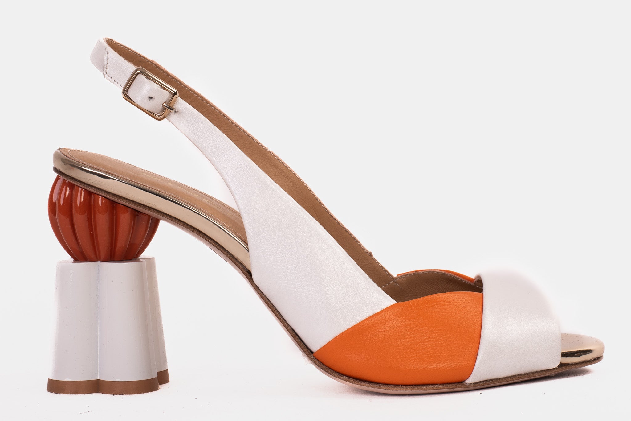 The Rize White Leather Pumpkin Heel Sandal