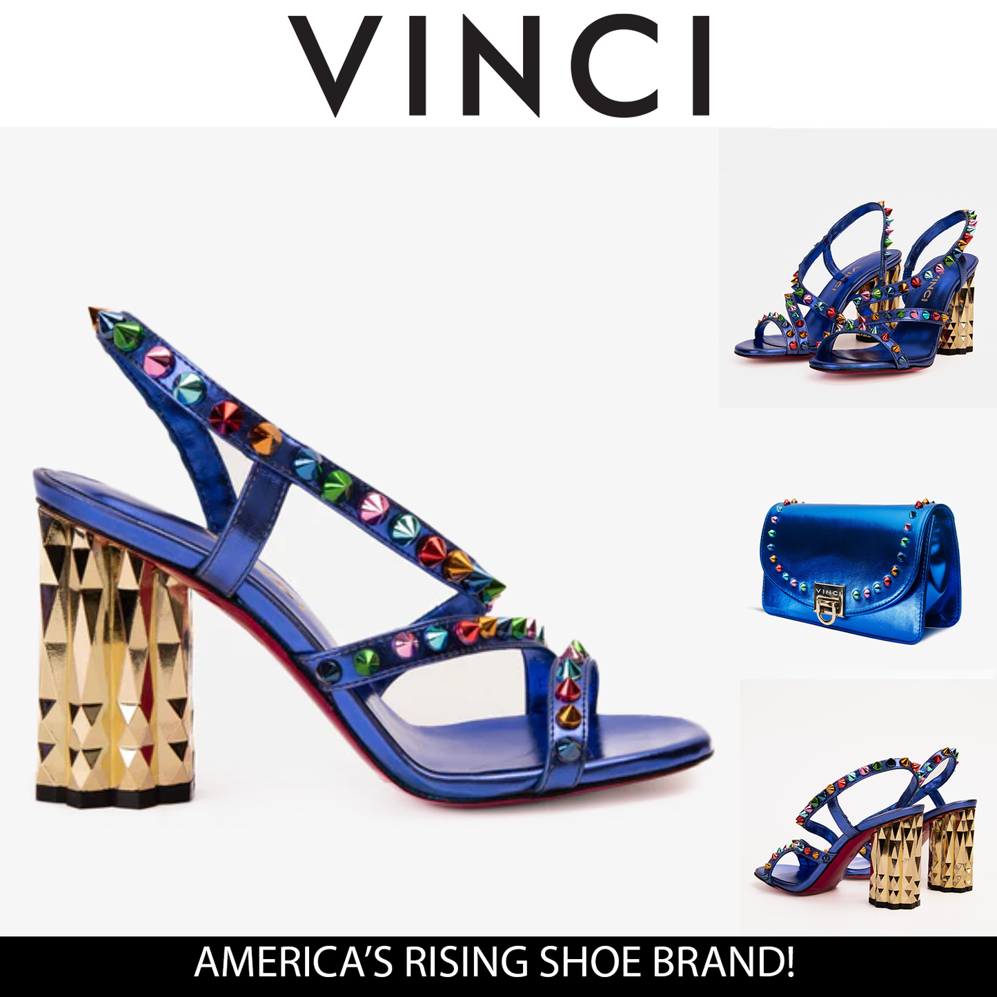 The Caris Sax Blue Block Heel Spike Leather Women Sandal