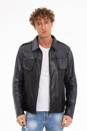 The Agron Pythn Navy Leather Jacket