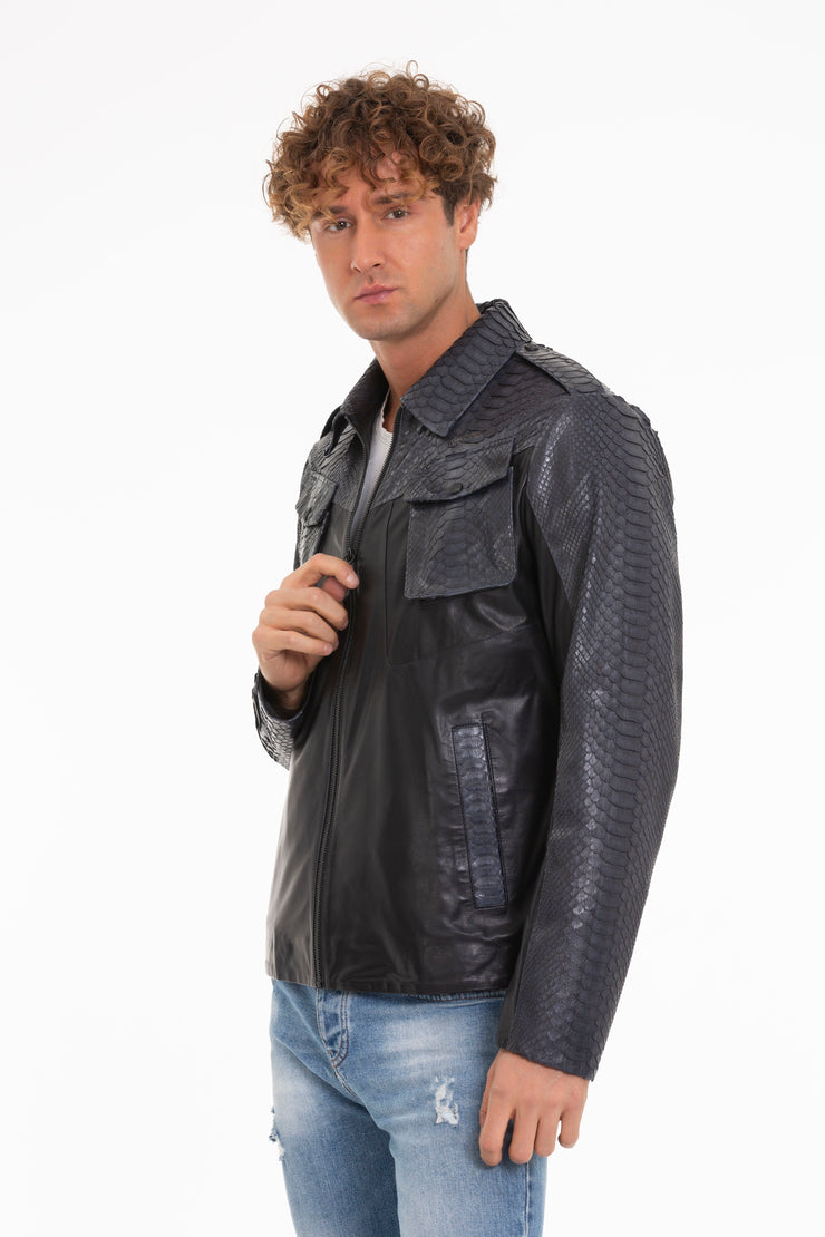 The Agron Pythn Navy Leather Jacket