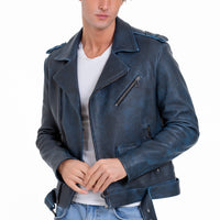 The Shanghai Blue Aged Leather Biker Men Jacket