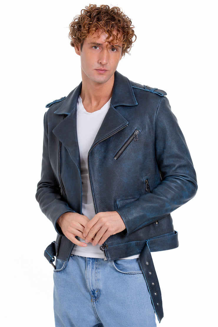 The Shanghai Blue Aged Leather Biker Jacket