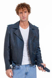 The Shanghai Blue Aged Leather Biker Jacket