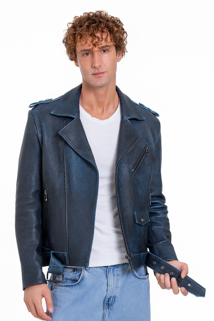 The Shanghai Blue Aged Leather Biker Jacket