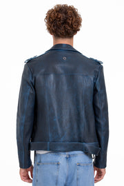 The Shanghai Blue Aged Leather Biker Jacket