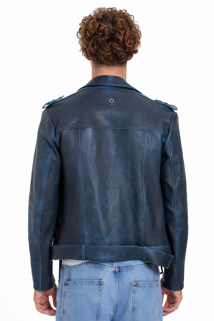 The Shanghai Blue Aged Leather Biker Jacket