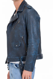 The Shanghai Blue Aged Leather Biker Jacket