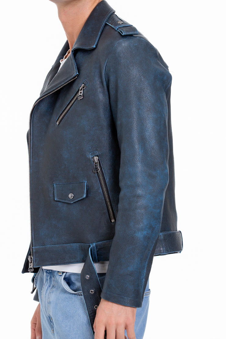 The Shanghai Blue Aged Leather Biker Jacket