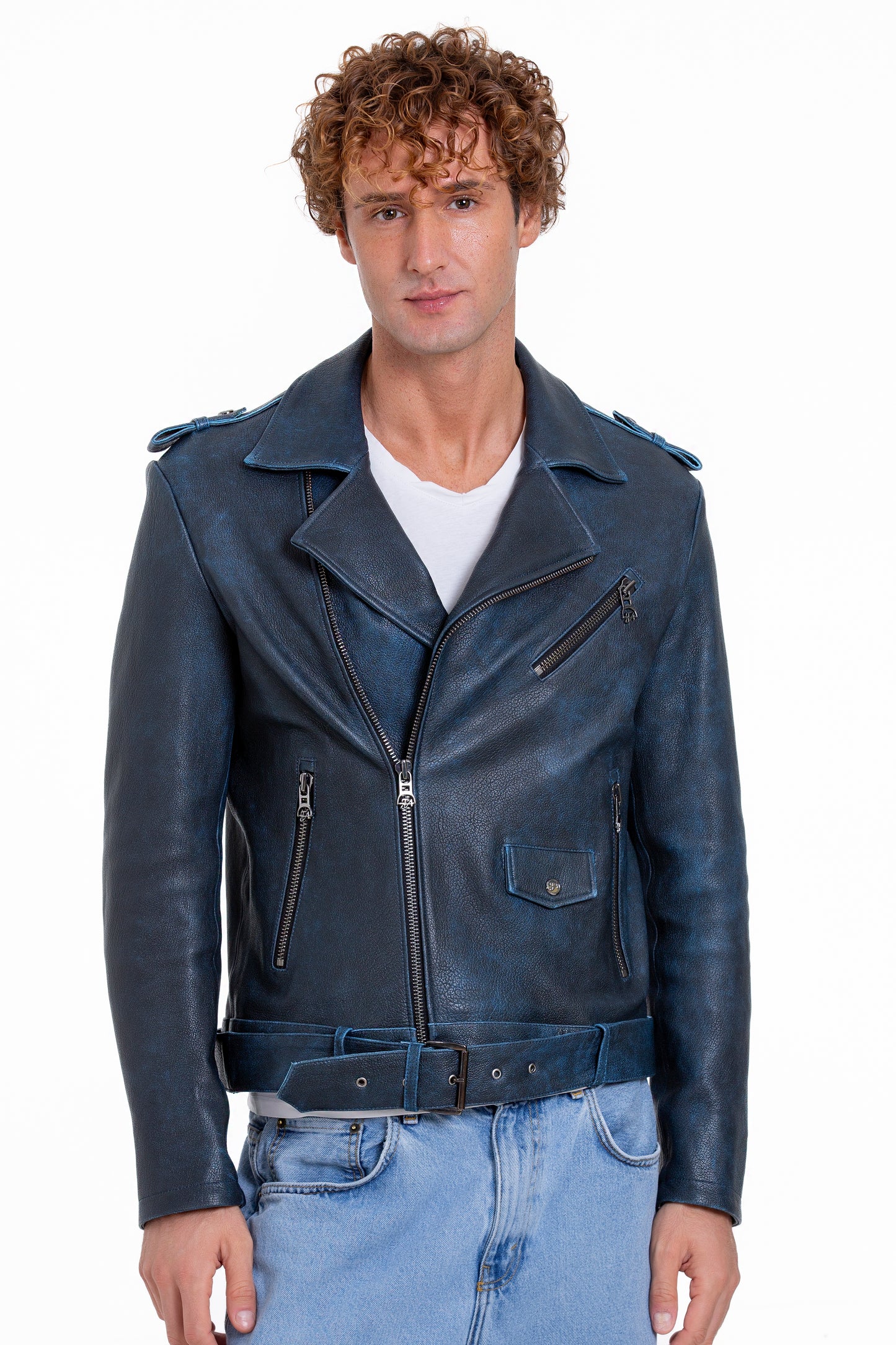 The Shanghai Blue Aged Leather Biker Men Jacket
