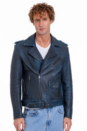 The Shanghai Blue Aged Leather Biker Jacket