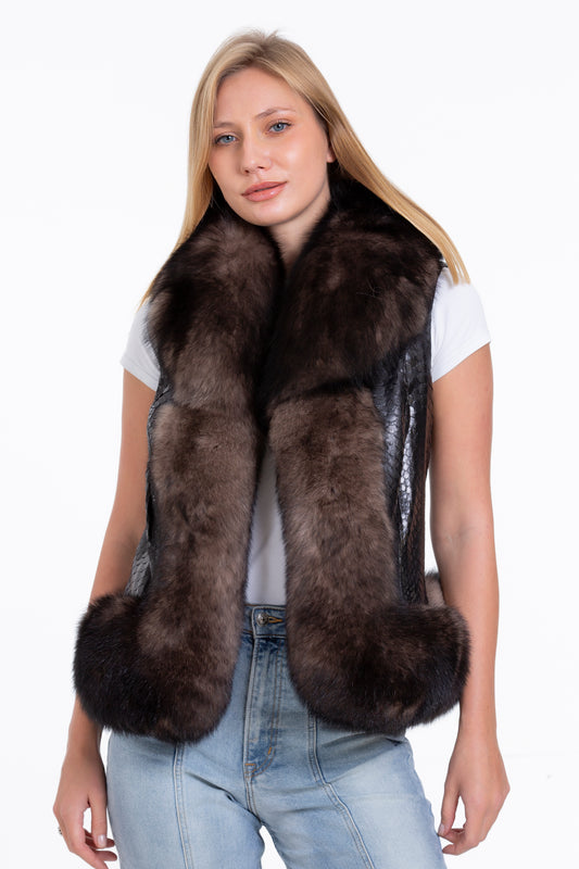 The Fitzroy Pythn Skin Leather Black Pullover Vest with a Pure Fox Fur