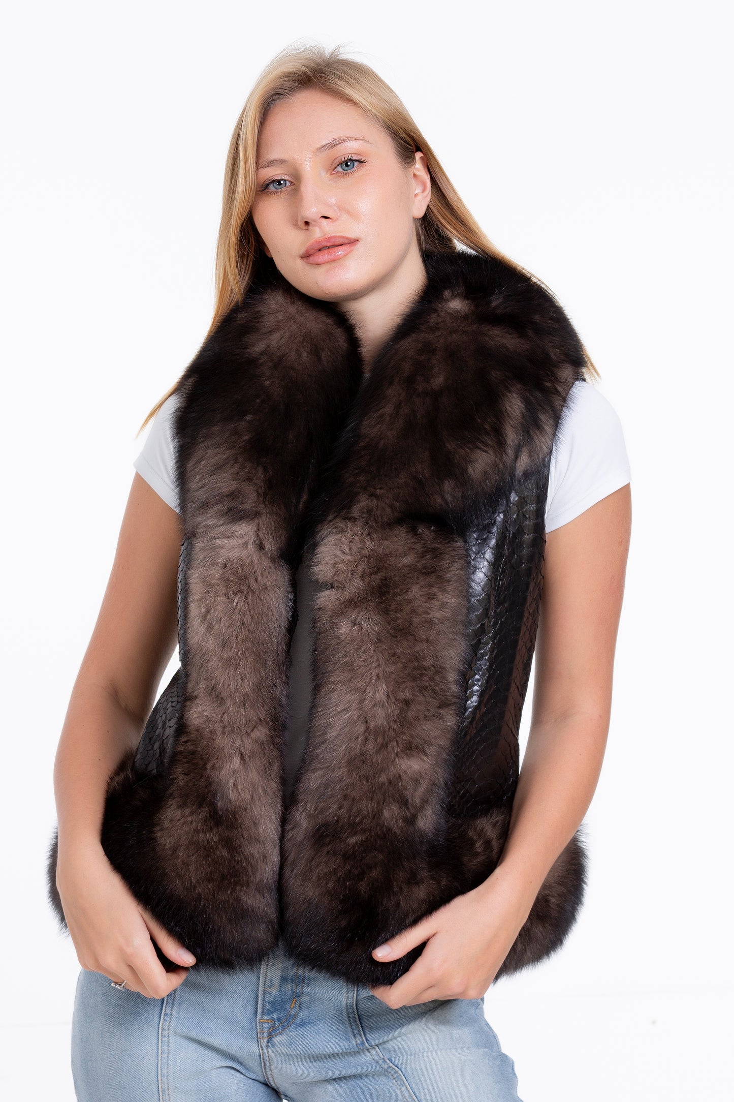 The Fitzroy Pythn Skin Leather Black Pullover Vest with a Pure Fox Fur