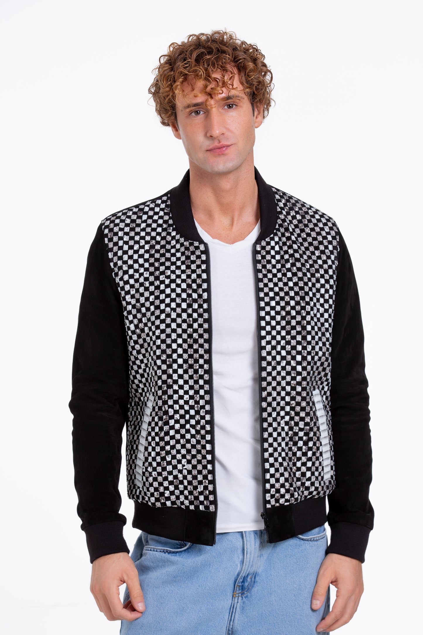 Chaqueta de piel de pitón de Bedford tejida a mano en color negro para hombre 