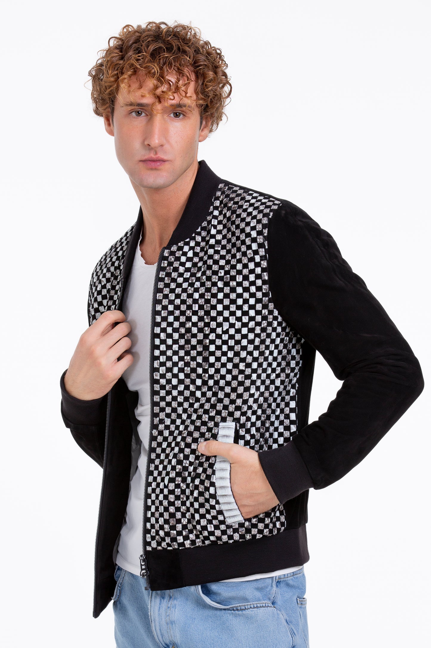 Chaqueta de piel de pitón de Bedford tejida a mano en color negro para hombre 