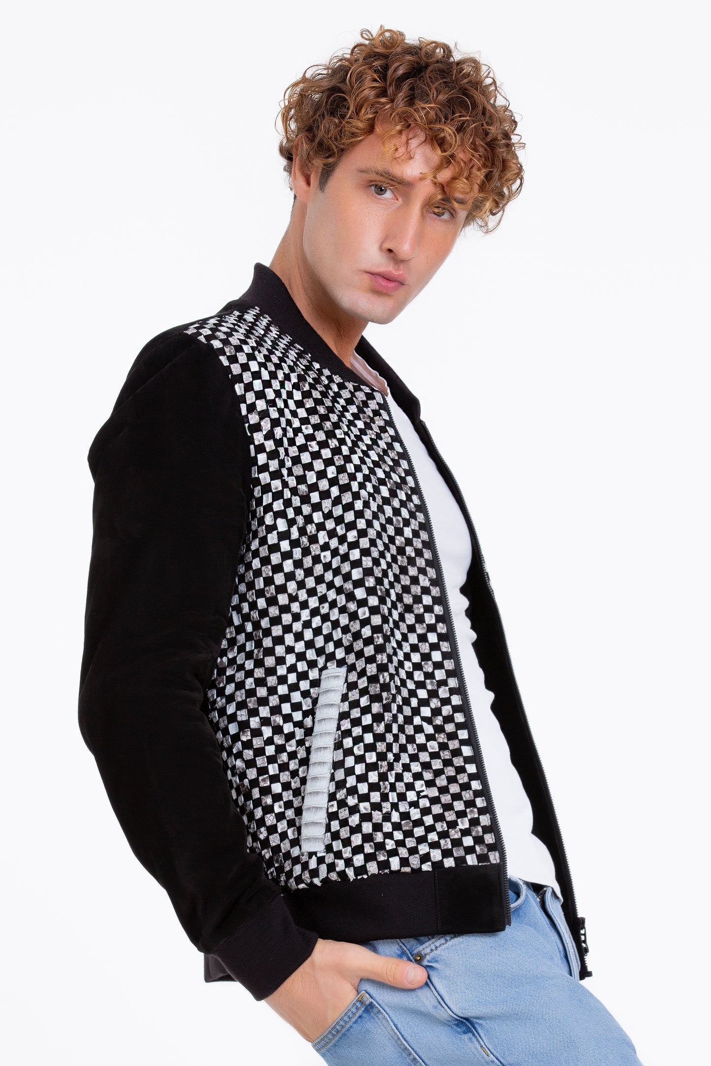 Chaqueta de piel de pitón de Bedford tejida a mano en color negro para hombre 