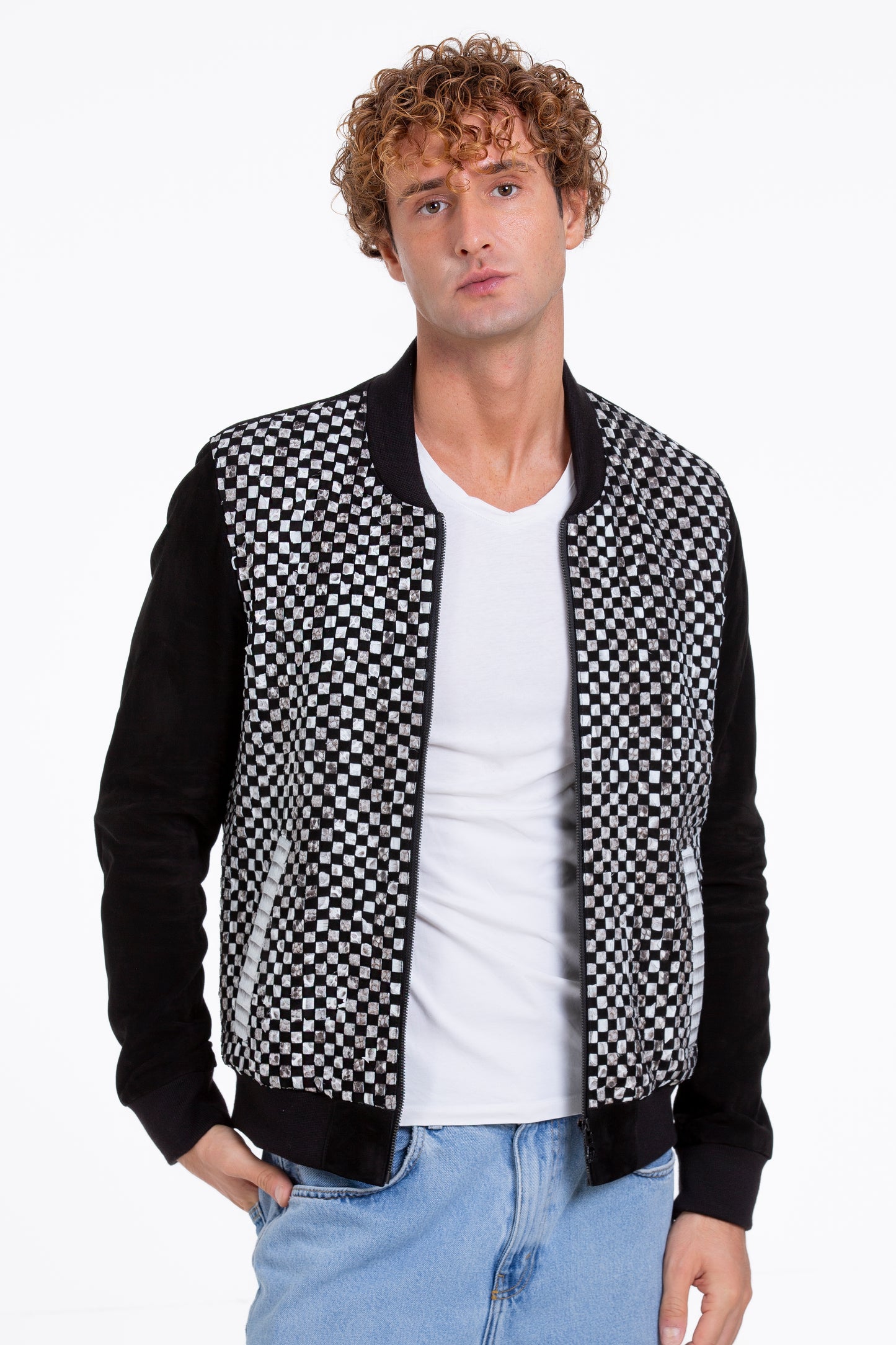 Chaqueta de piel de pitón de Bedford tejida a mano en color negro para hombre 