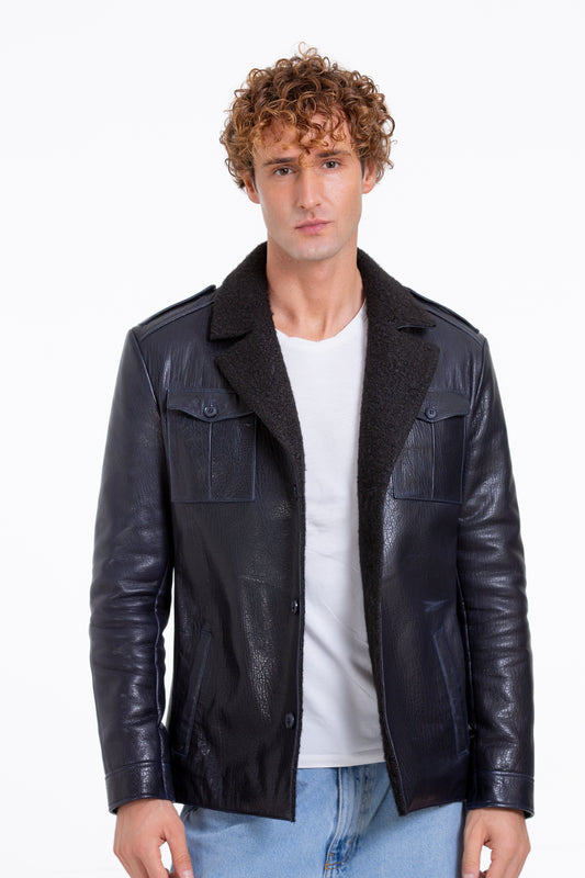 The Ponsonby Navy Blue Leather Shearling Men Jacket