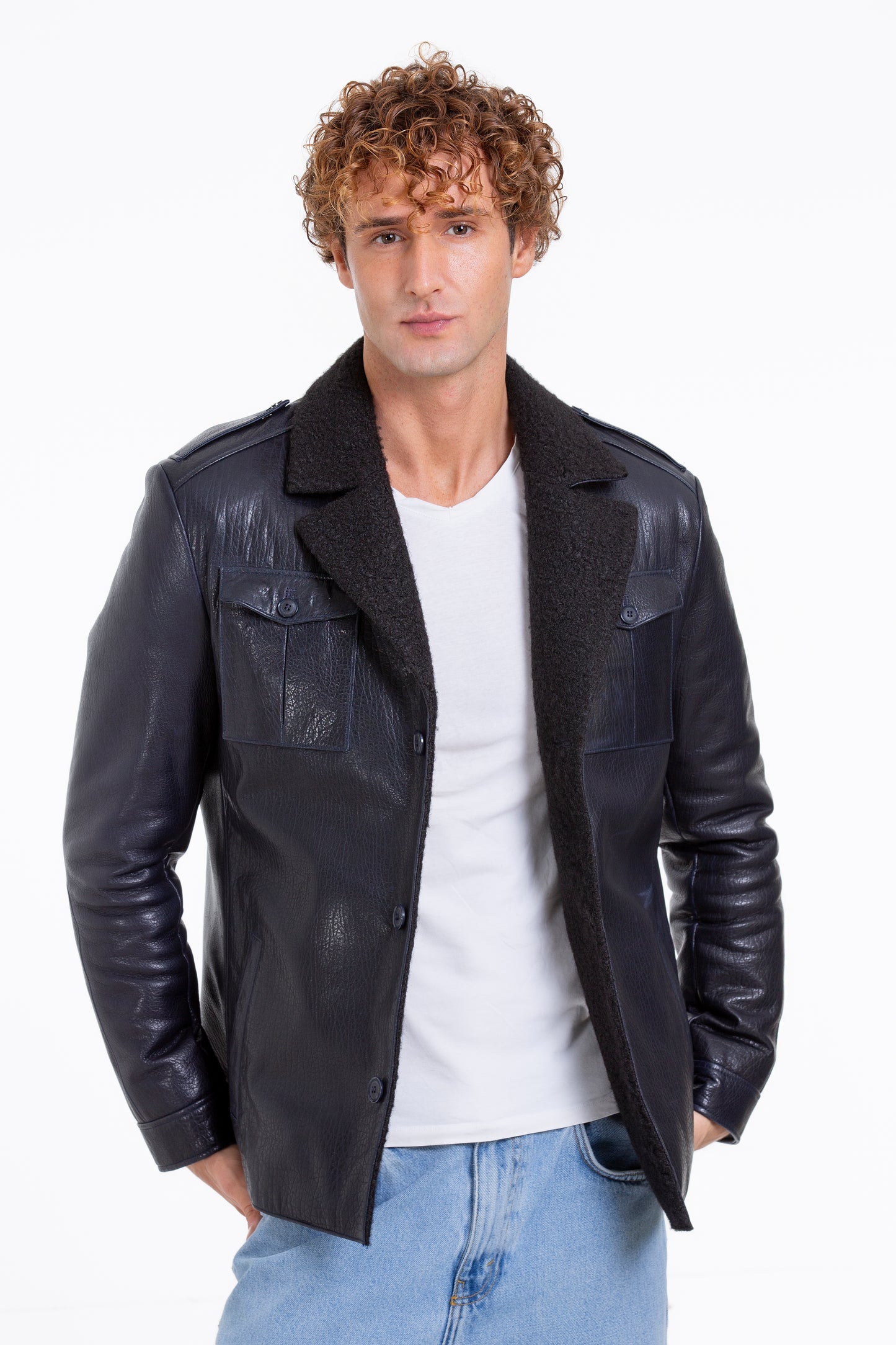 The Ponsonby Navy Blue Leather Shearling Men Jacket