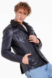 The Ponsonby Navy Blue Leather Shearling Jacket