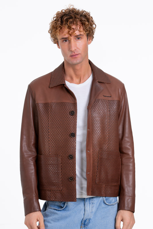 Chaqueta de cuero tejida a mano para hombre en color tostado de Glasgow 