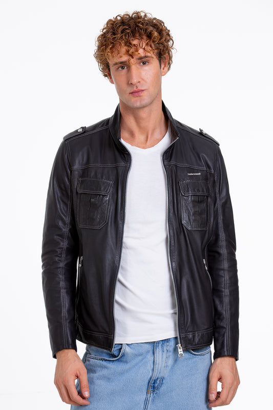 Chaqueta de cuero azul marino para hombre de Mausollos 