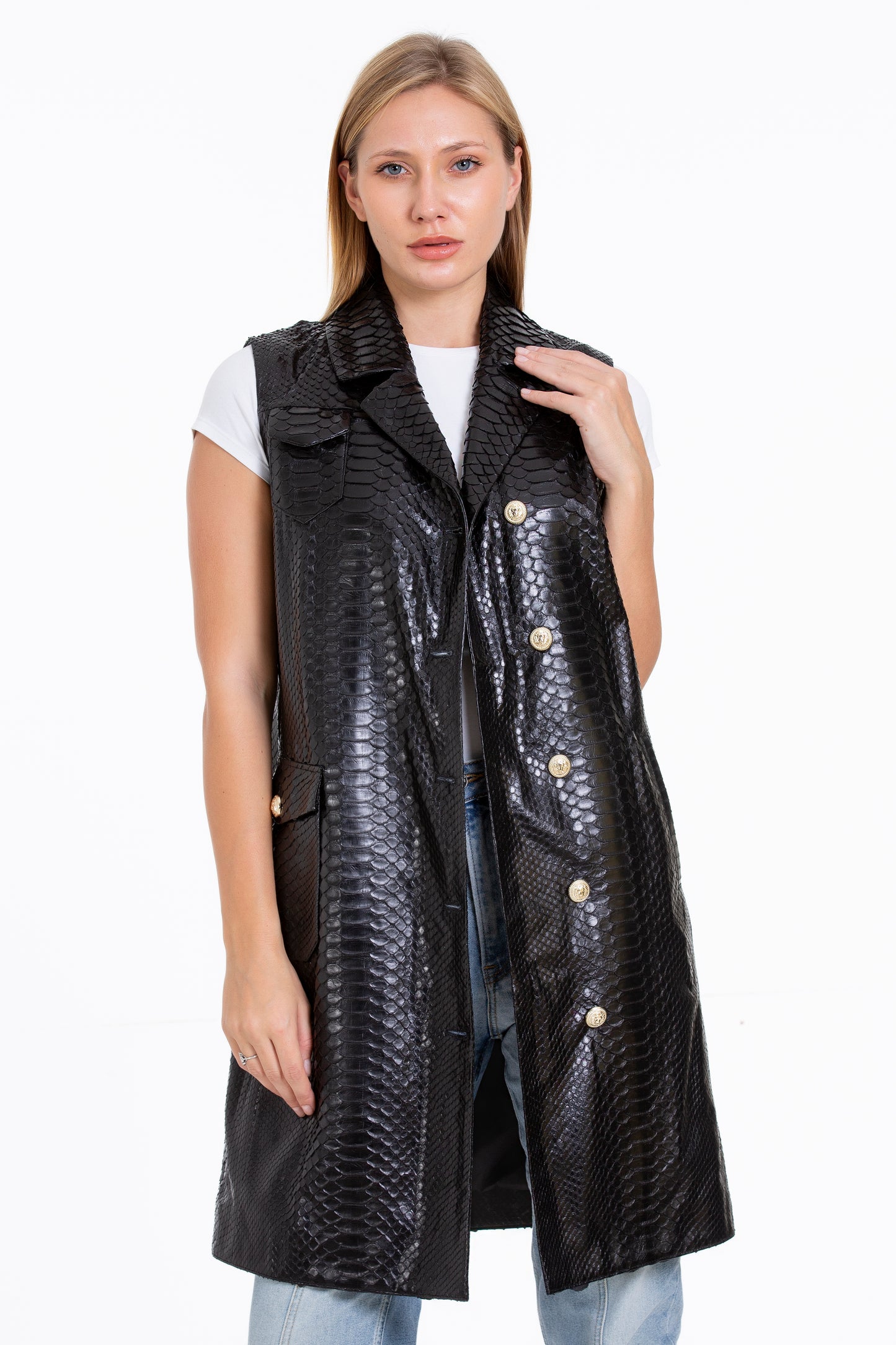 The Medellin Pythn Skin Leather Black Zip-Up Vest