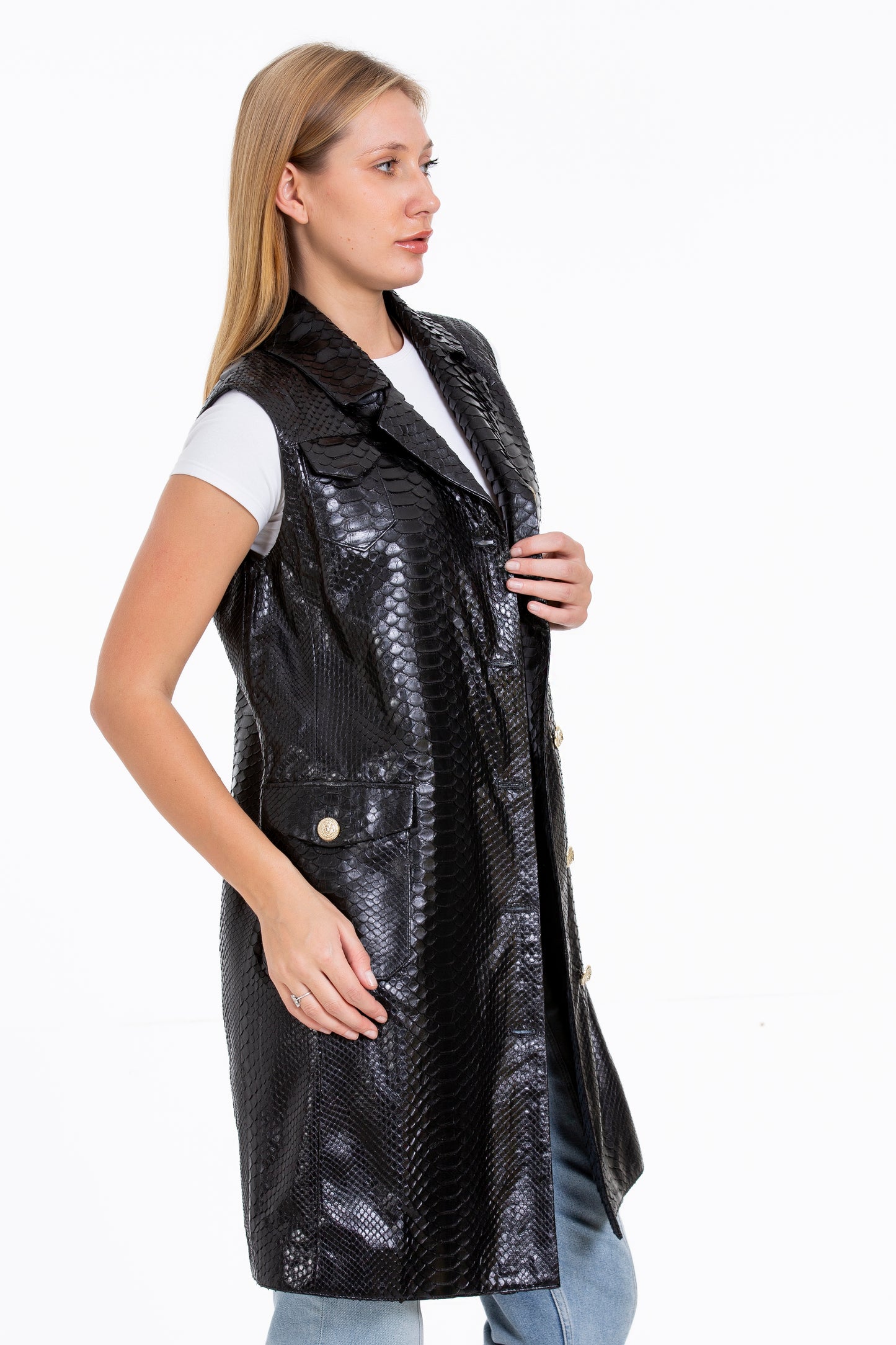 The Medellin Pythn Skin Leather Black Zip-Up Vest