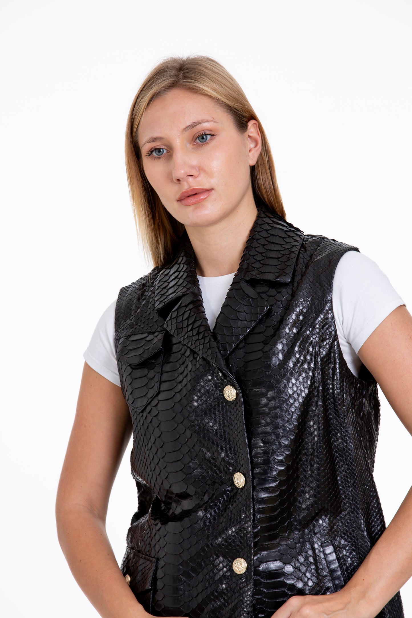 The Medellin Pythn Skin Leather Black Zip-Up Vest