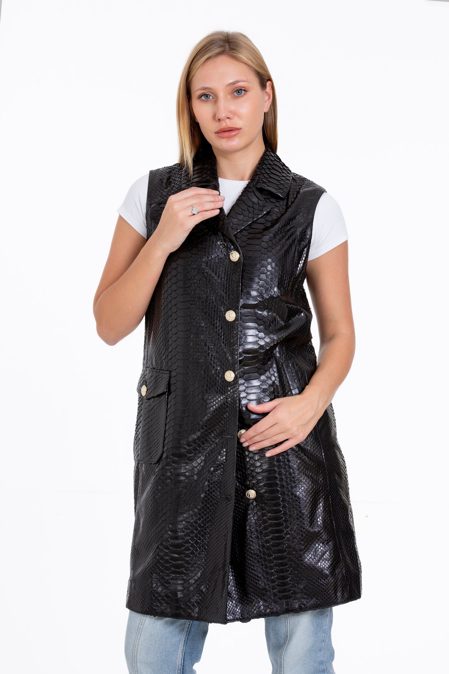 The Medellin Pythn Skin Leather Black Zip-Up Vest