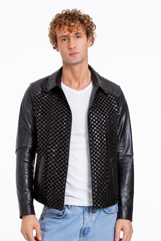 The Bedford Pythn Skin Handwoven Leather Black Men  Jacket