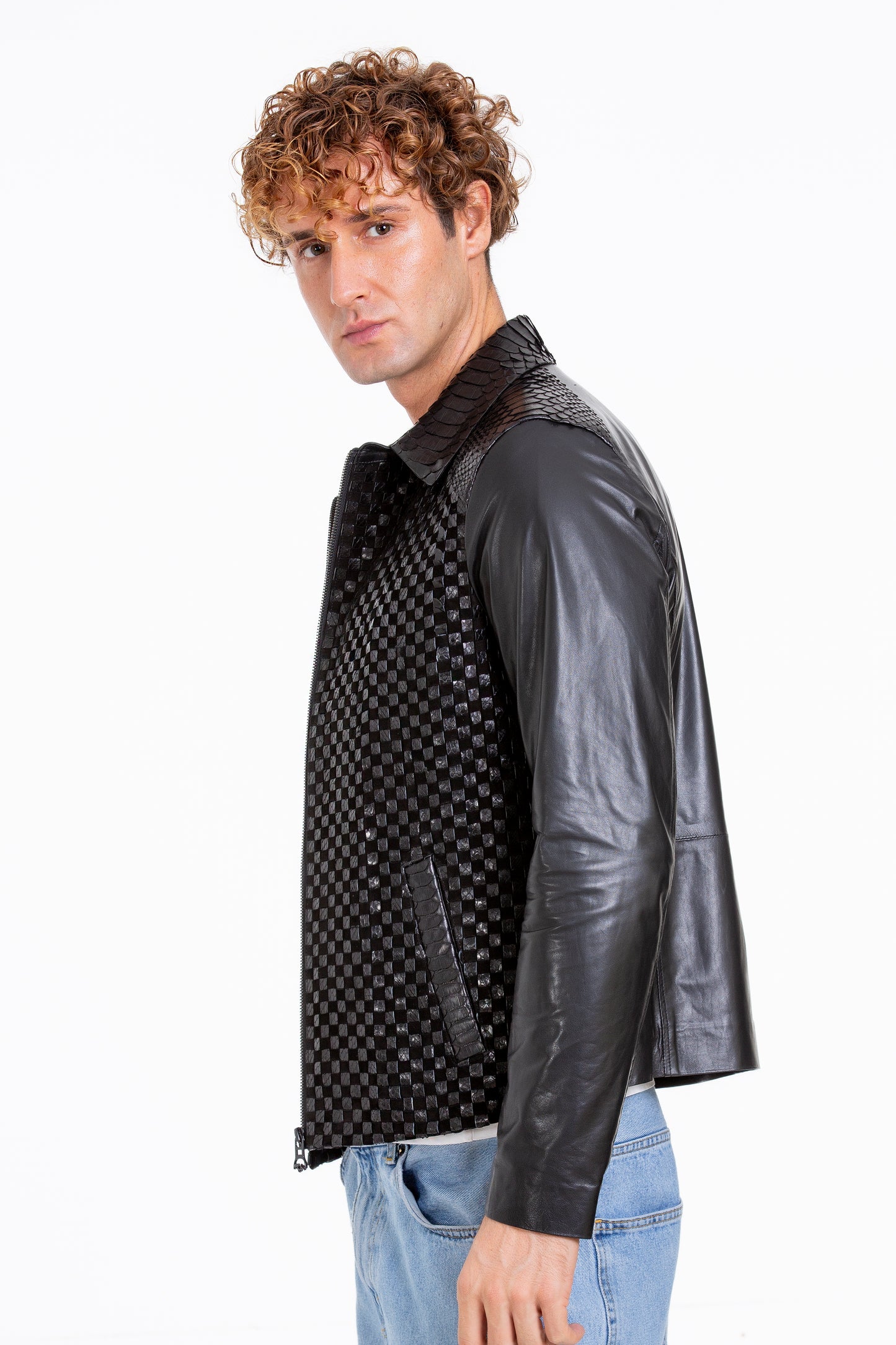 The Bedford Pythn Skin Handwoven Leather Black Men  Jacket