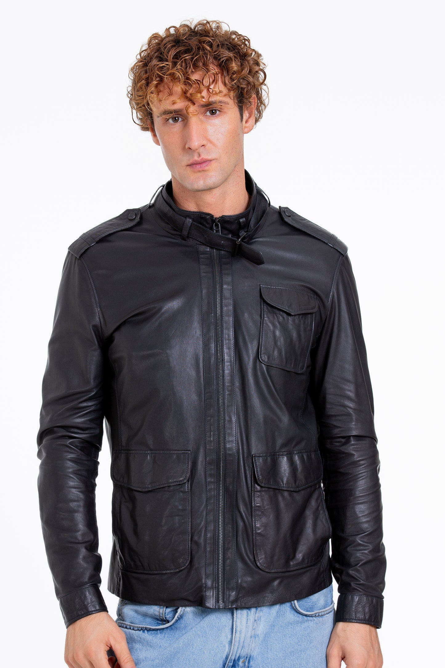 The Karabanchel Navy Blue Leather Men Jacket