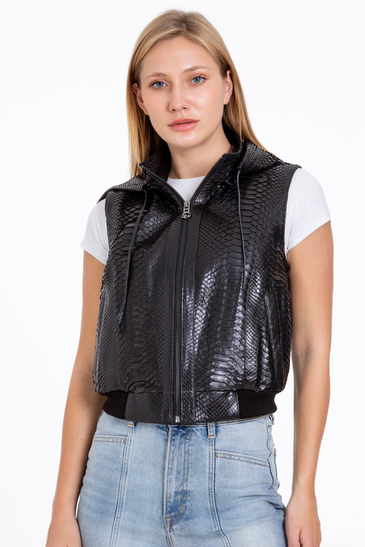 The Yanaka Pythn Skin Leather Black Zip-Up Vest with a Hood